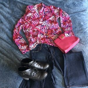 Vintage 1970s Retro Polyester Blouse Bright Pink